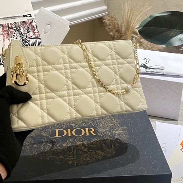 Christian Dior Beige Cannage Quilted Lambskin Leather Lady Bag Pouch Clutch