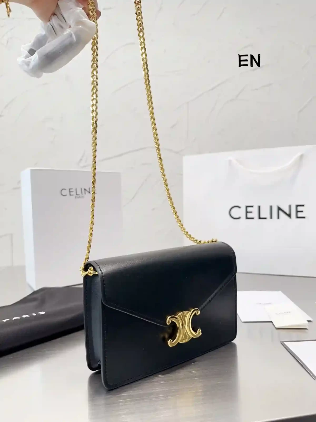 Celine Triomphe Chain Shoulder Black Leather Handbag