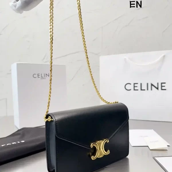 Celine Triomphe Chain Shoulder Black Leather Handbag