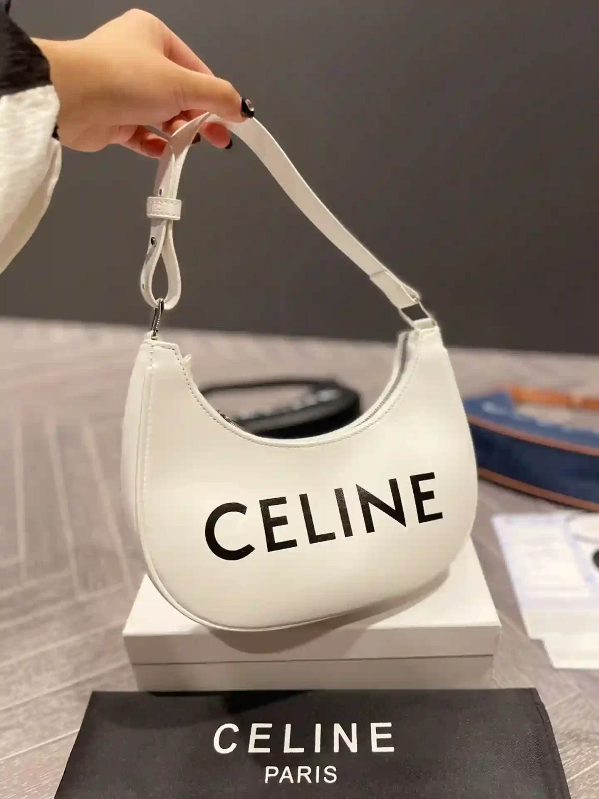 Celine Women Ava Bag in Smooth Calfskin With Celine Print-White