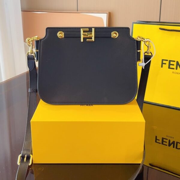 Fendi Touch Logo Plaque Shoulder Leather Bag Black