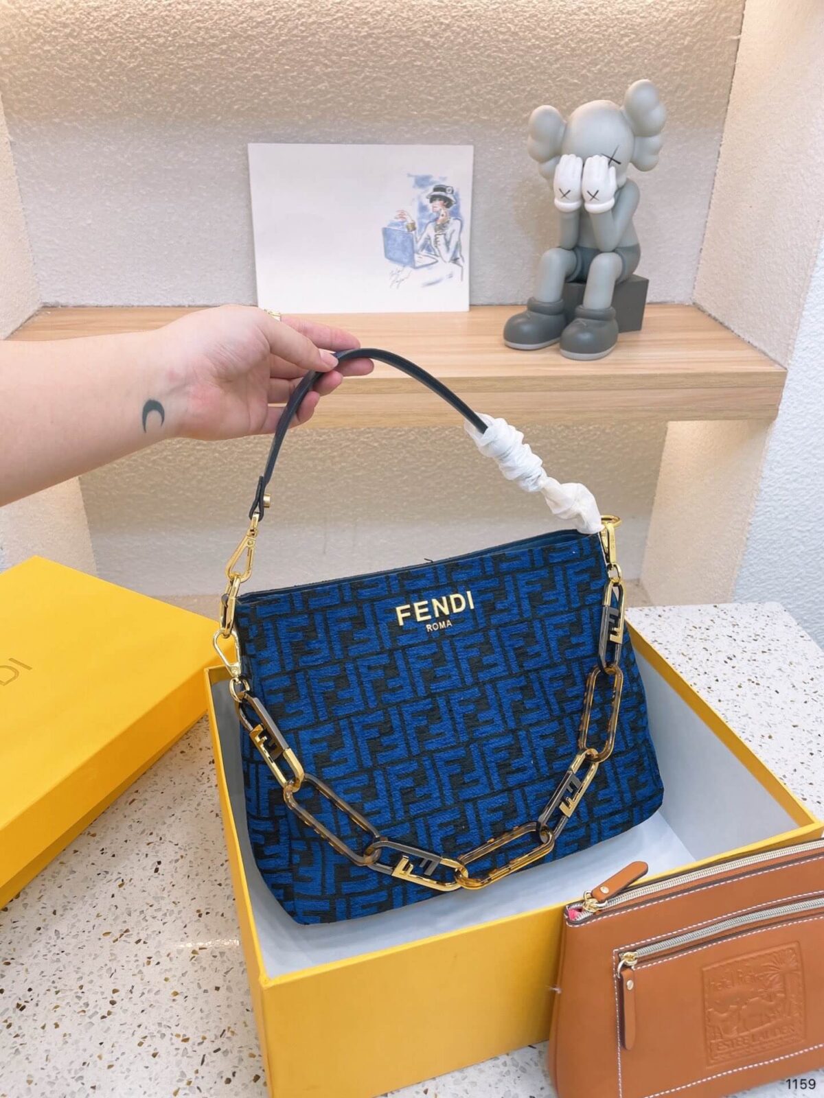 Fendi Women O’Lock Zipper Blue Tapestry Fabric Shoulder Bag