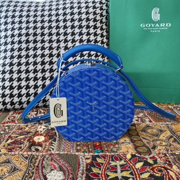 Goyard Hat Box Hand Shoulder Bag Leather Blue Herringbone