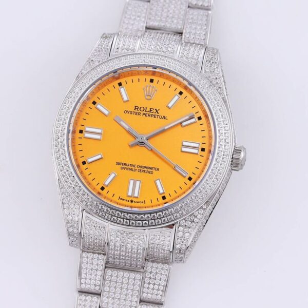 Rolex Iced Out 40mm Oyster Perpetual Yellow Stella Dial Watch