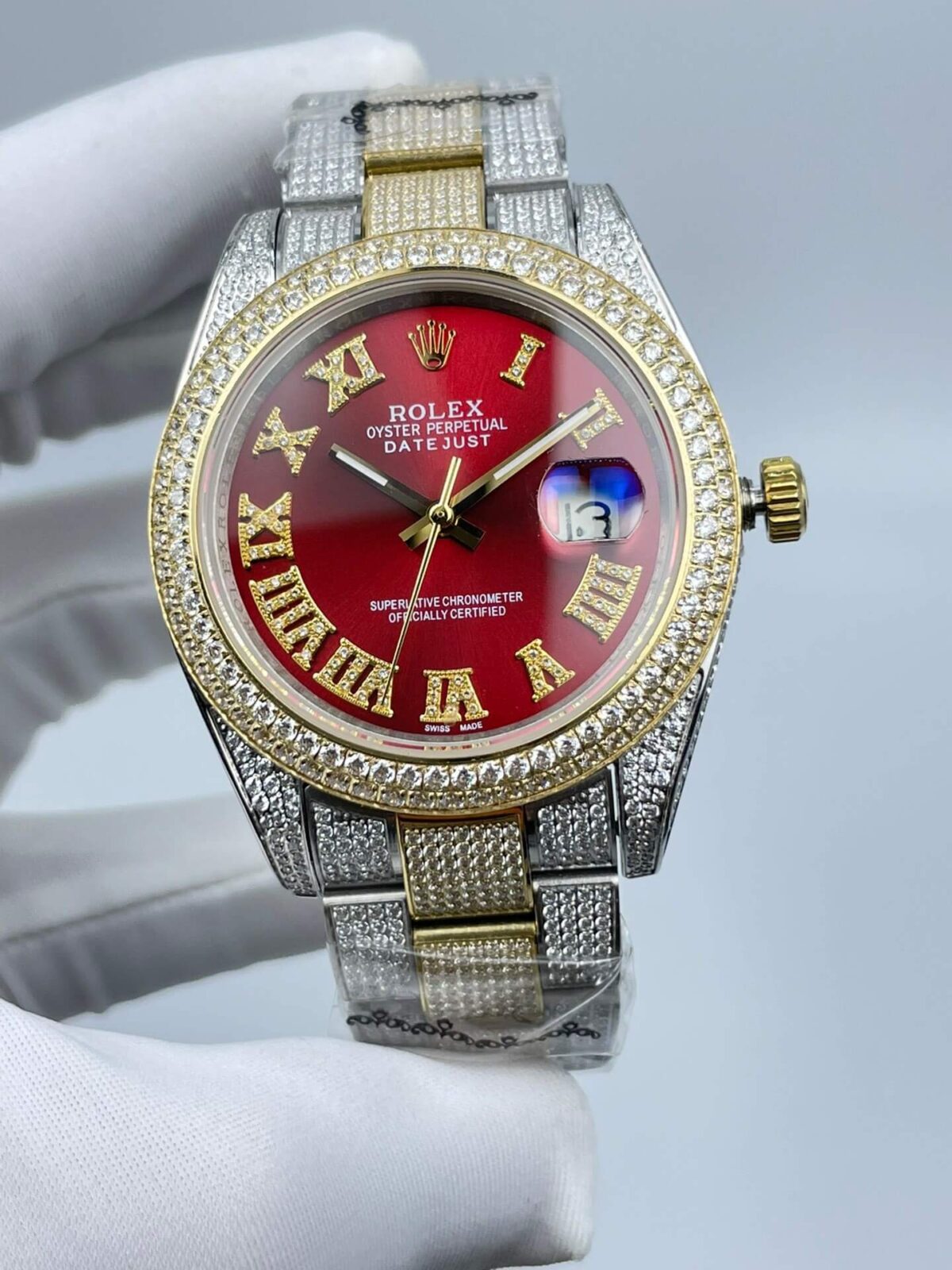 Rolex Men's Two Tone Diamond Watch in Red Dial