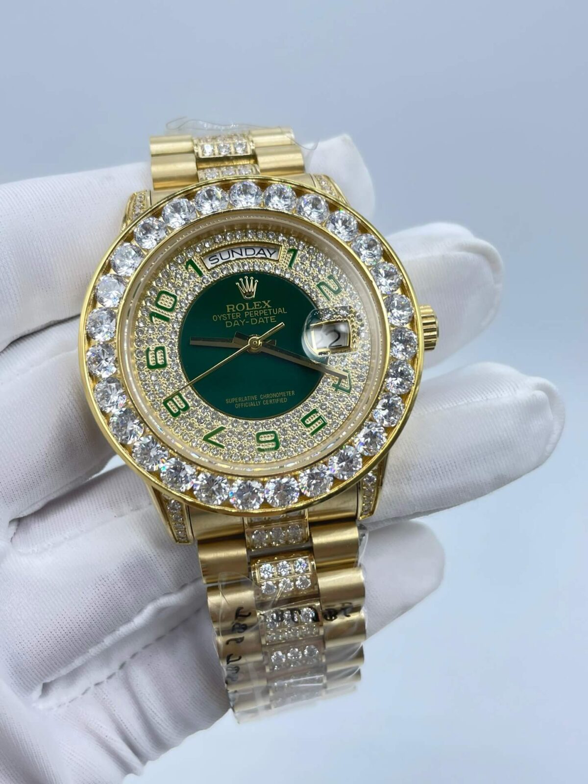 Rolex President Day-Date Yellow Gold Green Enamel Diamond Mens Watch