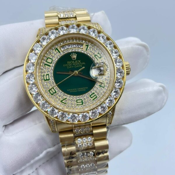 Rolex President Day-Date Yellow Gold Green Enamel Diamond Mens Watch