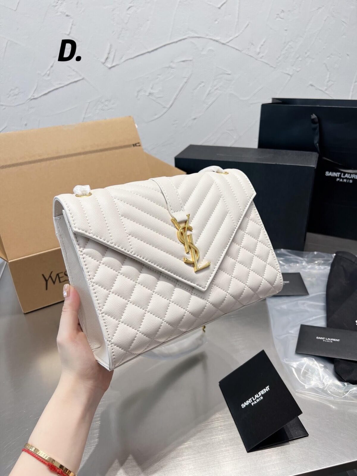 Saint Laurent Envelope Medium Quilted Textured-leather Shoulder Bag - Off-white