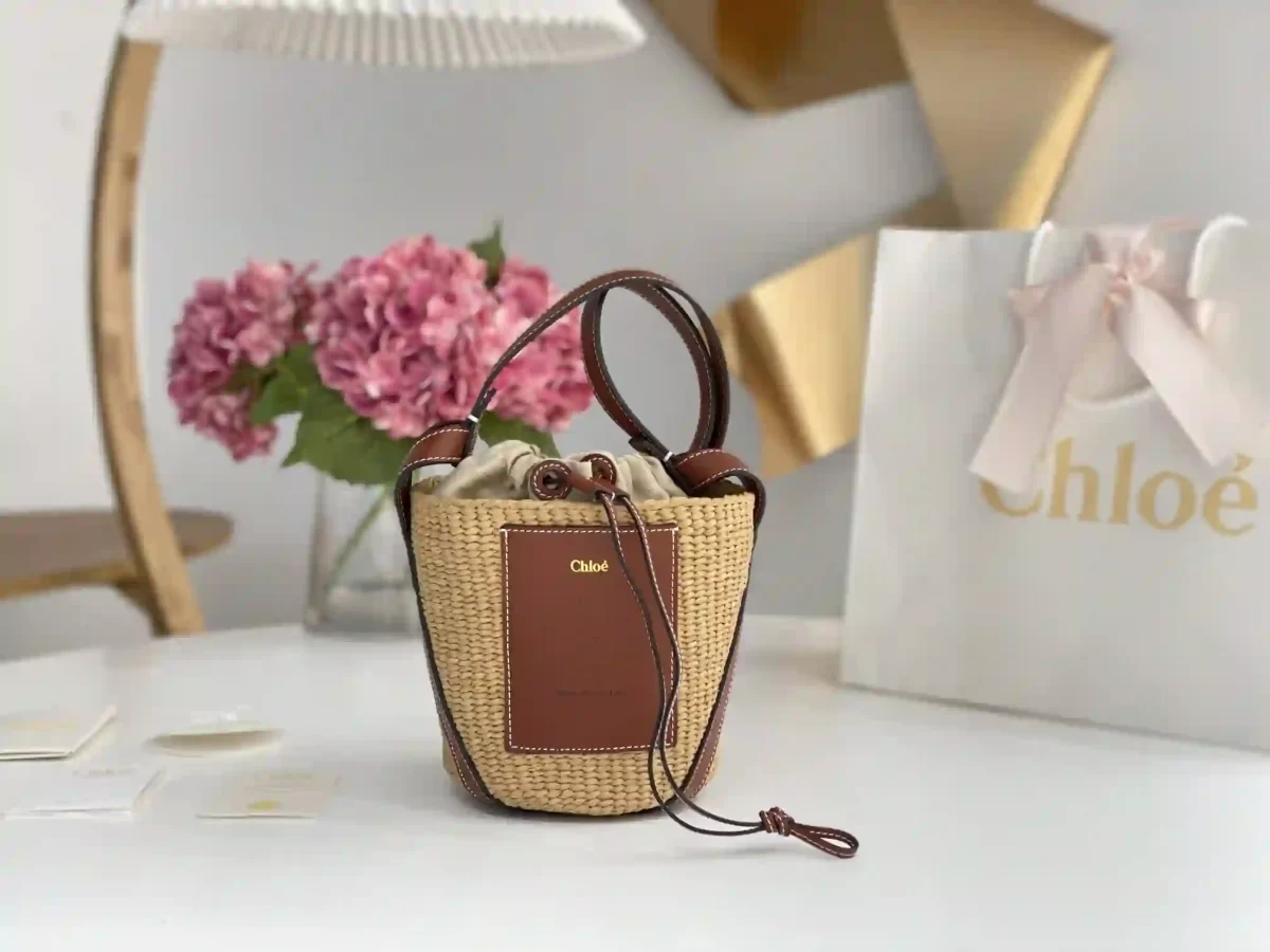 Chloe Raffia Calfskin Small Basket Sepia Brown Bag