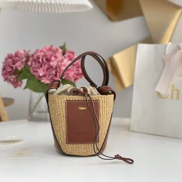 Chloe Raffia Calfskin Small Basket Sepia Brown Bag