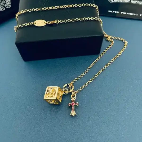 Chrome Hearts Square Crystal Pendant Necklace With Cross