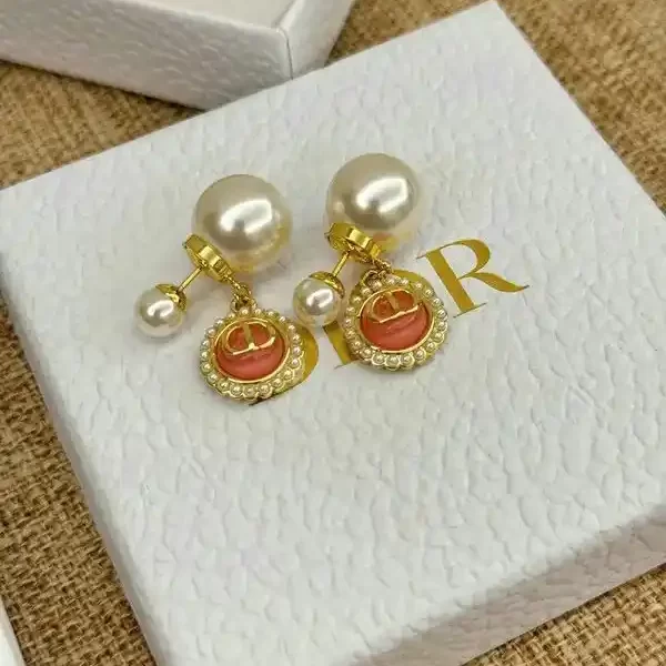 Dior Gold Plated Round Stud Earrings With Pearl Lining And Alphabets