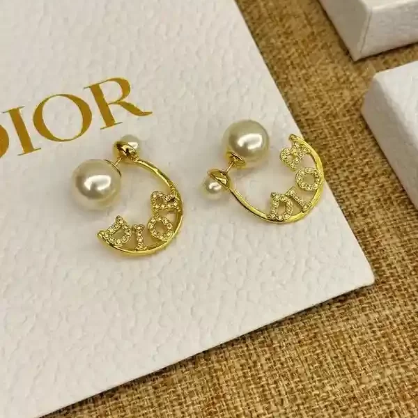 Dior Women CD Pearl Crystal Tribal Logo Charms Gold Earrings