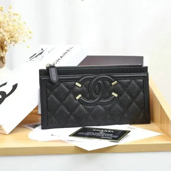 CHANEL Caviar Quilted Filigree Zip Pouch Black Wallet