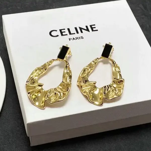 Celine Black Crystal Metal Texture Loop Earrings Style