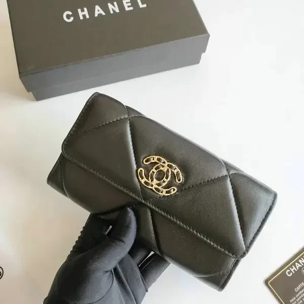 Chanel 19 Long Wallet Black Lambskin With Gold Hardware