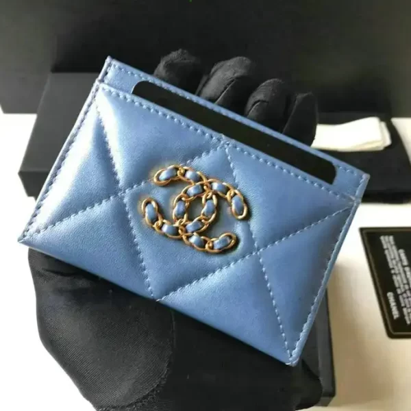 Chanel Blue 19 Lambskin Quilted Card Holder Leather Wallet