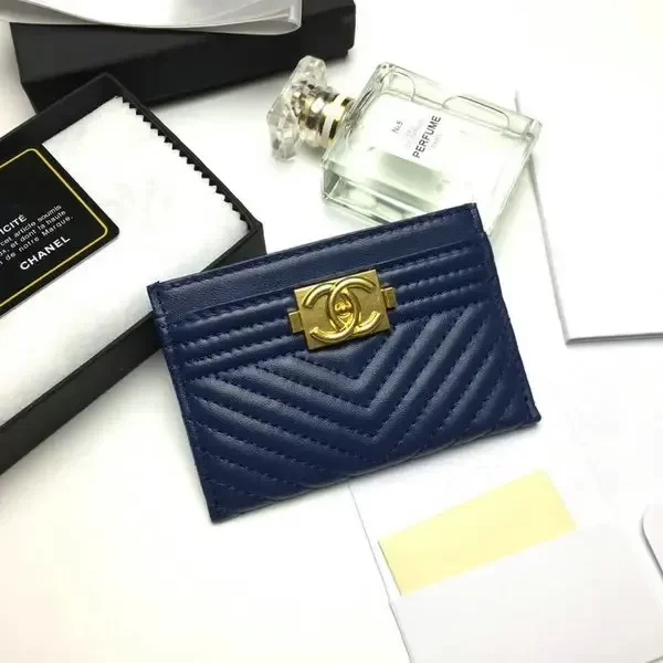 Chanel Boy Card Holder In Grained Calfskin With Gold-Tone Blue Wallet