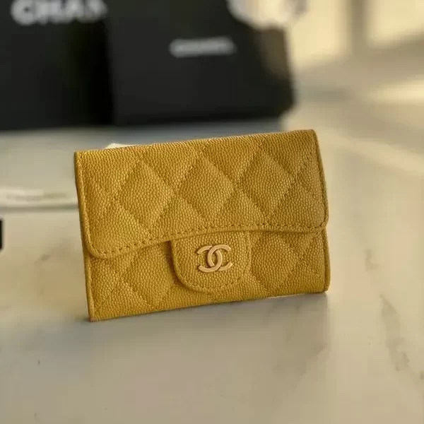 Chanel Classic Small Caviar Quilted Flap Wallet Card Holder Yellow