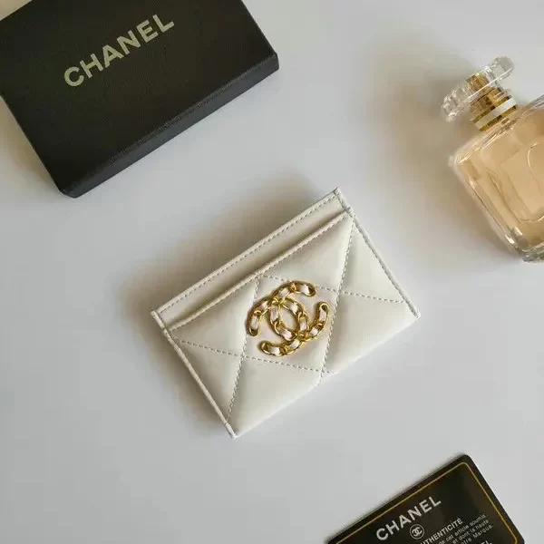 Chanel Leather Lambskin Quilted 19 Card Holder White Wallet