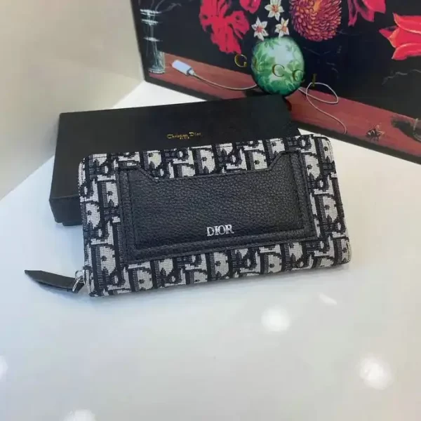 Christian Dior Wallet Logo Grained Black Calfskin Oblique Jacquard