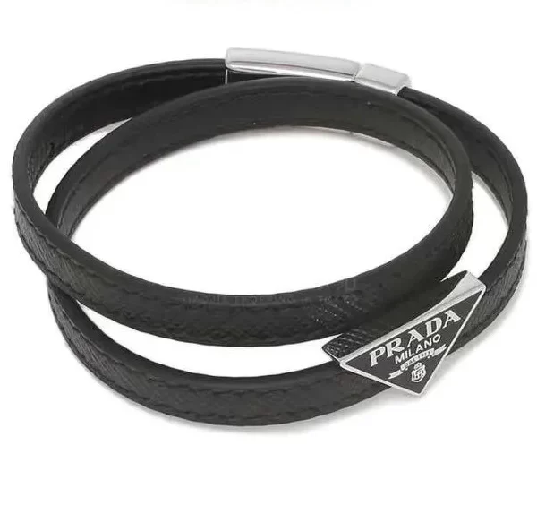 Prada Enamel Double Wrap Triangle Logo Saffiano Leather Bracelet