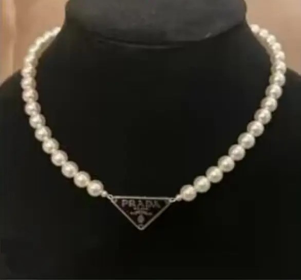 Prada Repurposed Fresh Water Pearls Logo Emblem Choker Necklace