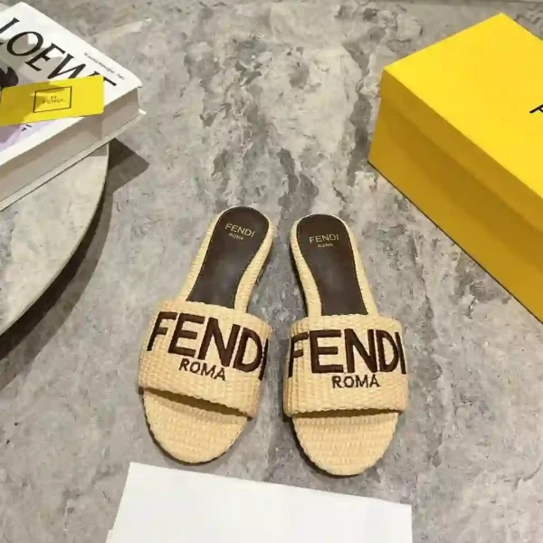 Fendi Beige Cotton Fiber Logo Slide Sandals