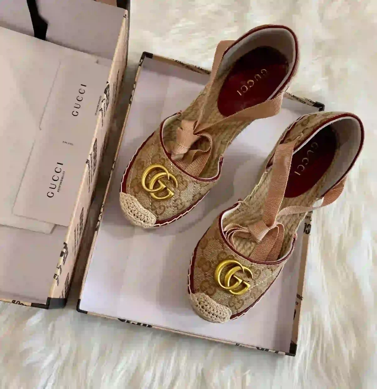 Gucci Brown GG Canvas Wedge Espadrille Sandals