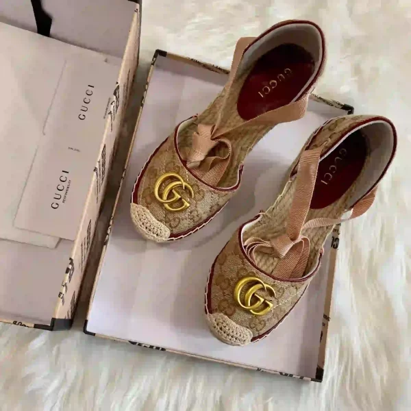 Gucci Brown GG Canvas Wedge Espadrille Sandals