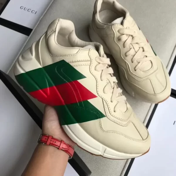 Gucci Cream Leather Web Rhyton Low Top Sneakers