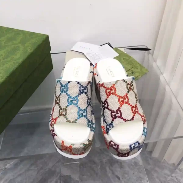 Gucci Linen Psychedelic GG Monogram Angelina Platform Slide Sandals Multicolor