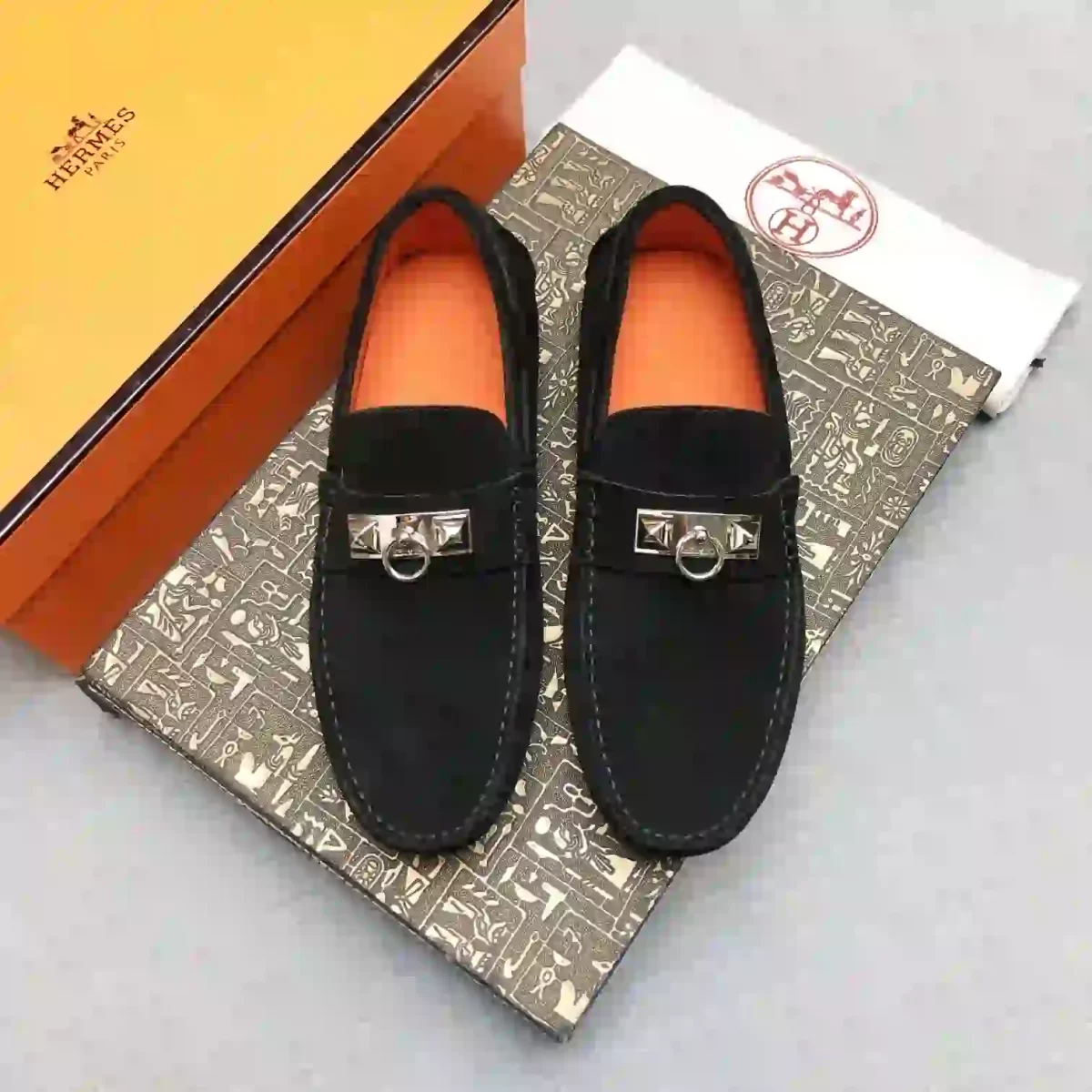 Hermes Irving Driving Loafers Leather Flats Black Shoes