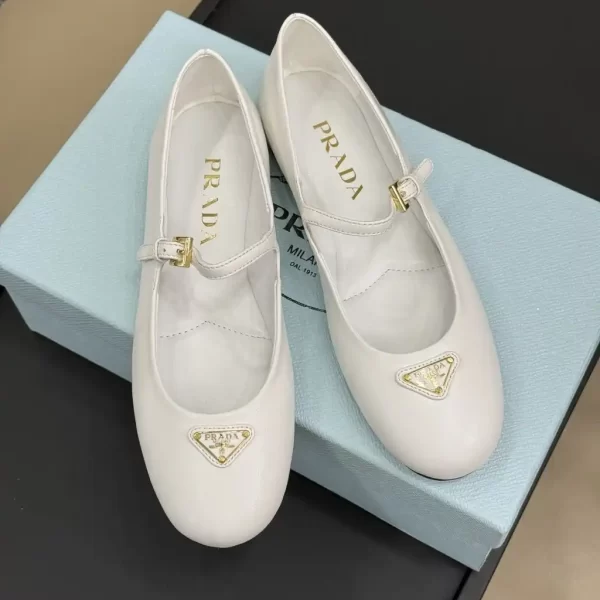 Prada Logo-Triangle Nappa Leather Ballerina White Shoes