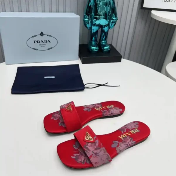 Prada Red Logo Plaque Slip-On Leather Satin Slides Flat Sandals