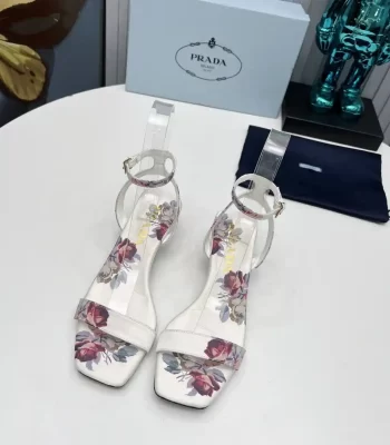 Prada Satin Floral Logo Leather White Sandals For Women