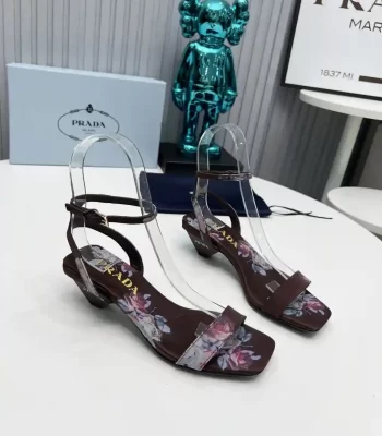 Prada Women's Satin Floral Print Leather Brown Sandals