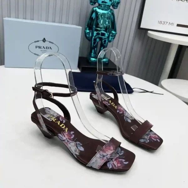 Prada Women's Satin Floral Print Leather Brown Sandals